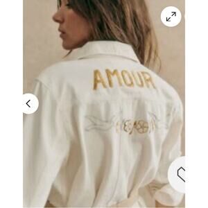 Sezane x CSAO Will Jacket in Cream Denim with Gold AMOUR Embroidery - XS